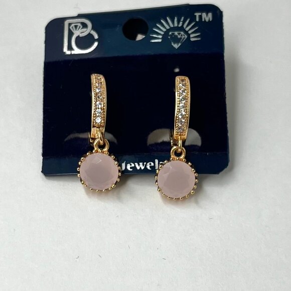 Gold-Tone Hoop/Drop Earrings Pink Stone – Elegant & Feminine Look Chic Unique - Picture 3 of 5